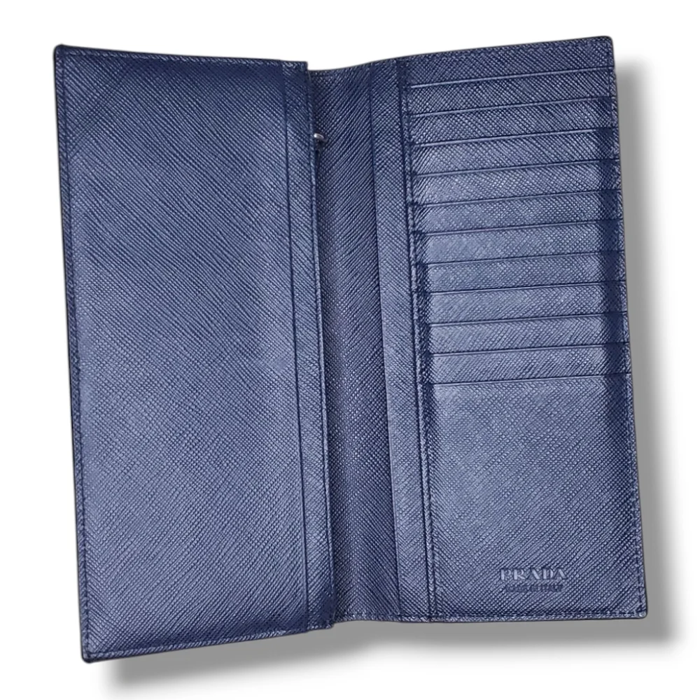Prada Bicolor Black & Blue Saffiano Leather Long Wallet Sleek Minimalist Design